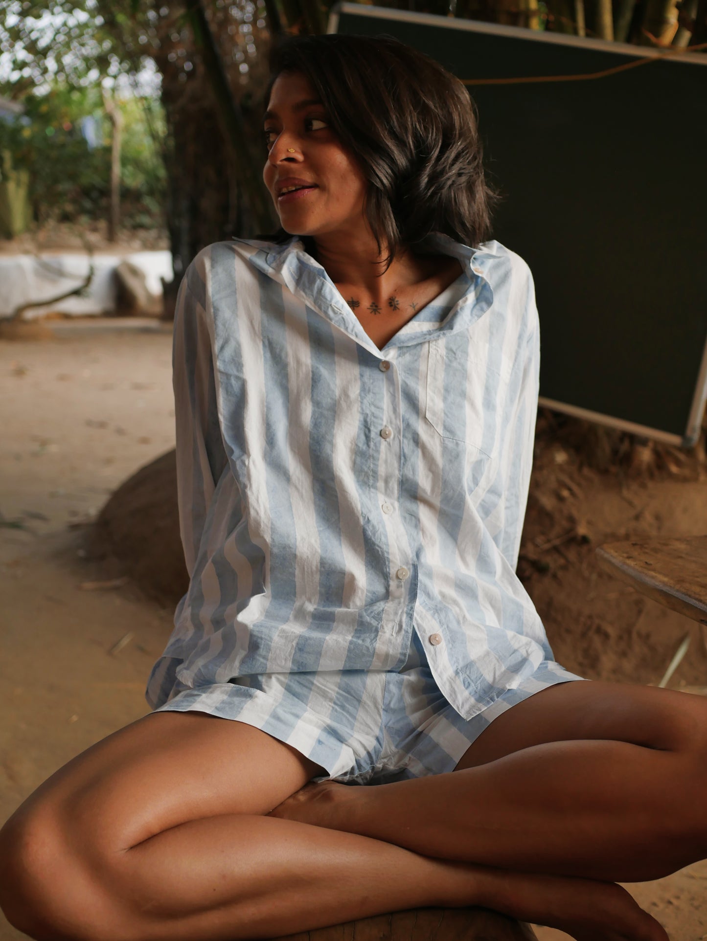 Classic Pyjama Shorts Set - Blue Stripes on Regenerative Cotton