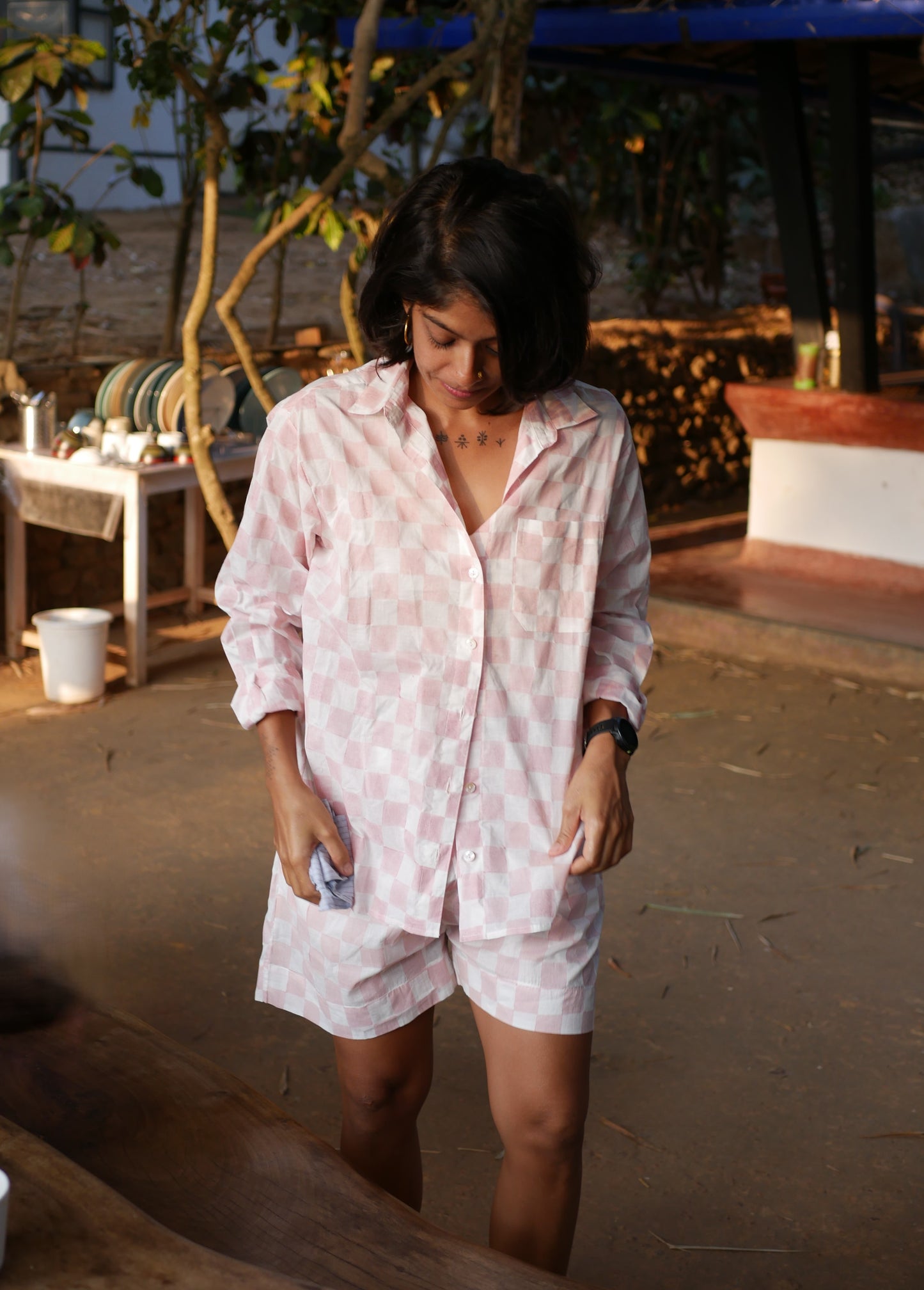 Classic Pyjama Shorts Set - Pink Checks on Regenerative Cotton