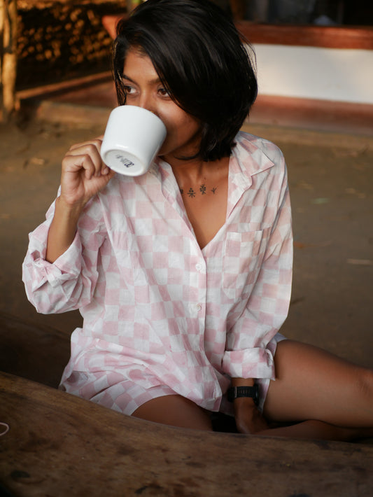 Classic Pyjama Shorts Set - Pink Checks on Regenerative Cotton