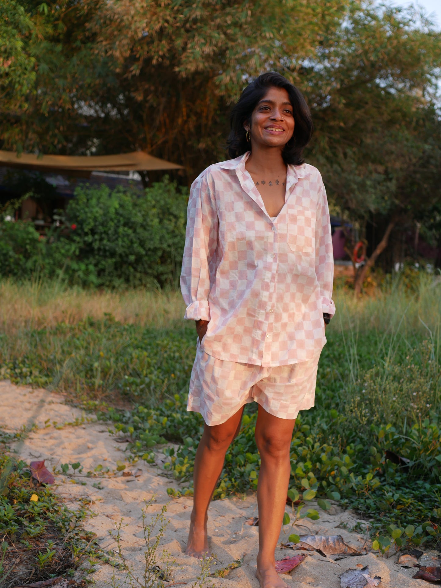 Classic Pyjama Shorts Set - Pink Checks on Regenerative Cotton