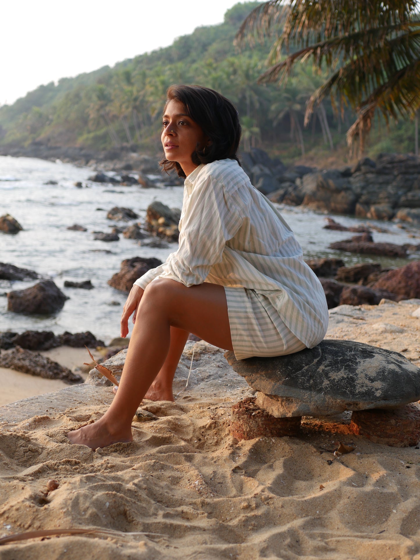 Classic Pyjama Shorts Set - Green Striped Handloom