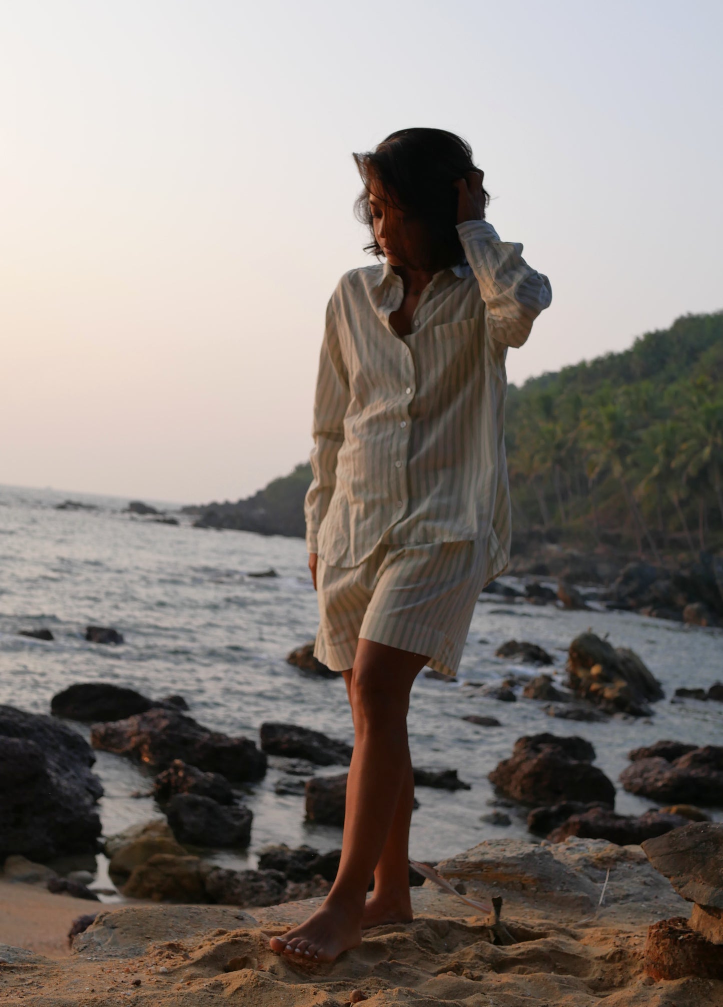 Classic Pyjama Shorts Set - Green Striped Handloom