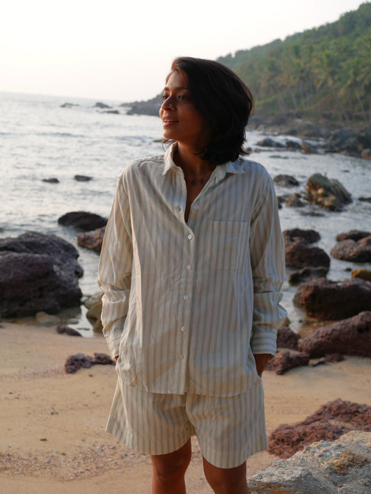 Classic Pyjama Shorts Set - Green Striped Handloom