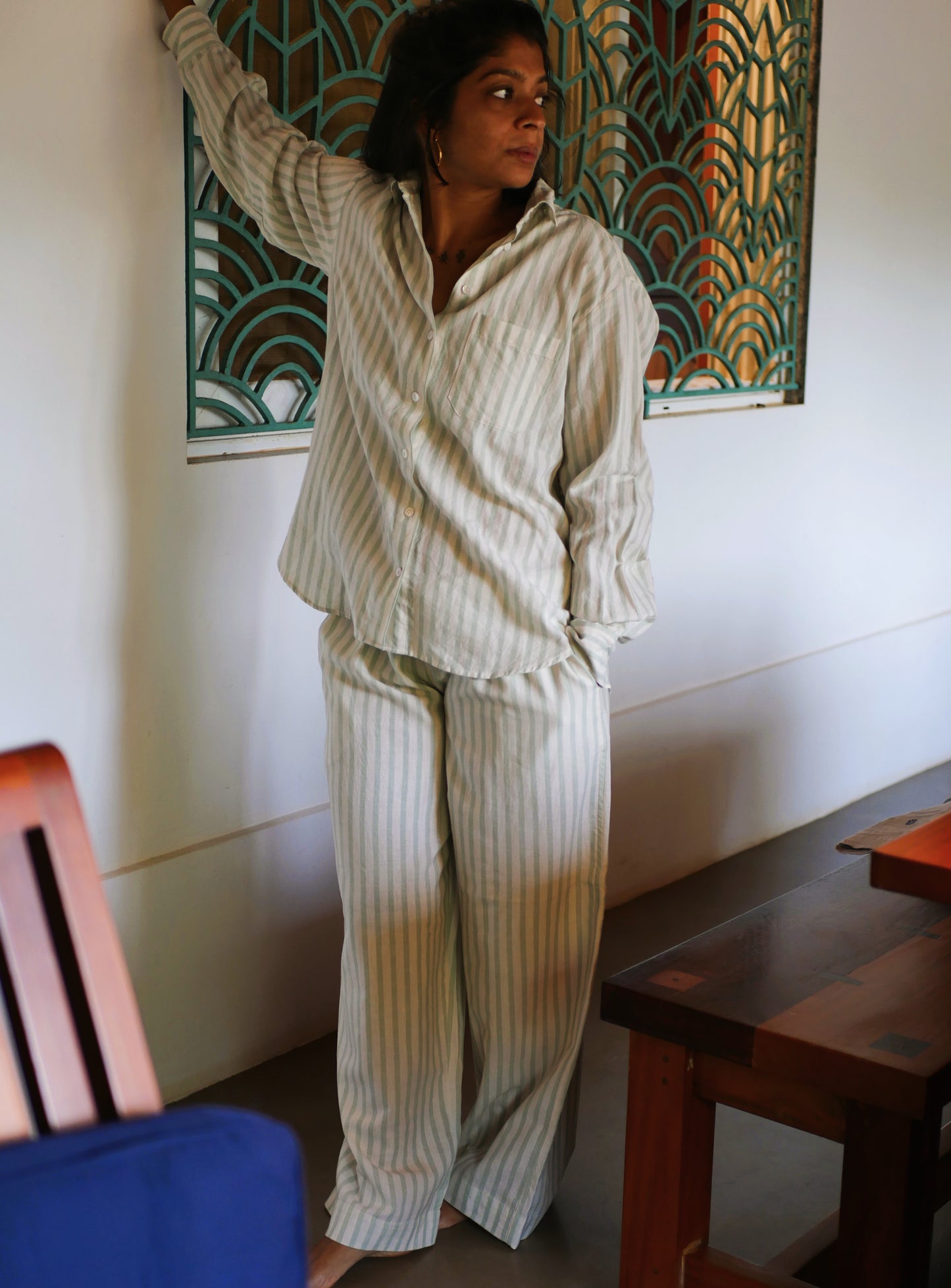 Classic Pyjama Set - Green Striped Handloom